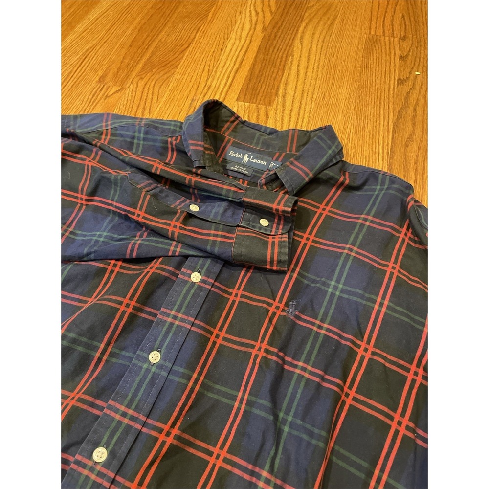 VTG Ralph Lauren‎ Mens Button Down Shirt XL Navy Red Green Plaid Blake Oversized